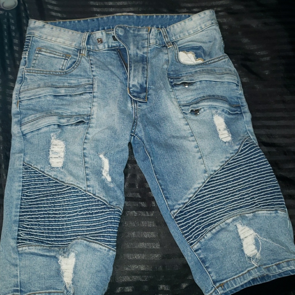 Balmain Blue Cargo Biker Denim Shorts